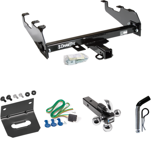 Fits 1963-1979 Ford F-350 Trailer Hitch Tow PKG w/ 4-Flat Wiring Harness + Triple Ball Ball Mount 1-7/8" & 2" & 2-5/16" Trailer Balls w/ Tow Hook + Pin/Clip + Wiring Bracket (For w/Deep Drop Bumper Models) By Draw-Tite