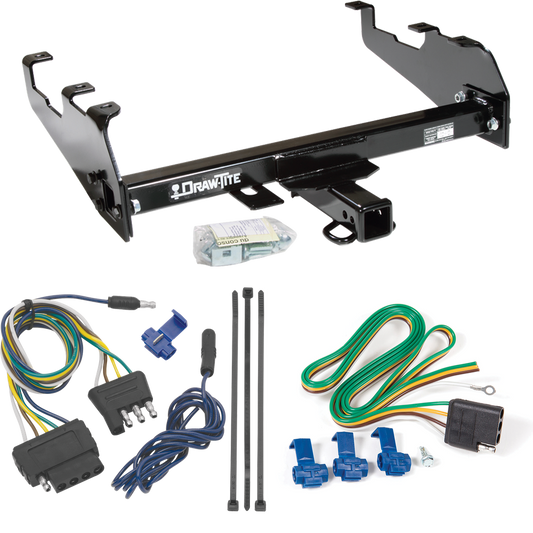 Fits 1989-1997 Ford F Super Duty Trailer Hitch Tow PKG w/ 5-Flat Wiring Harness (For Cab & Chassis, w/34" Wide Frames & 161" Wheelbase & w/Deep Drop Bumper Models) By Draw-Tite