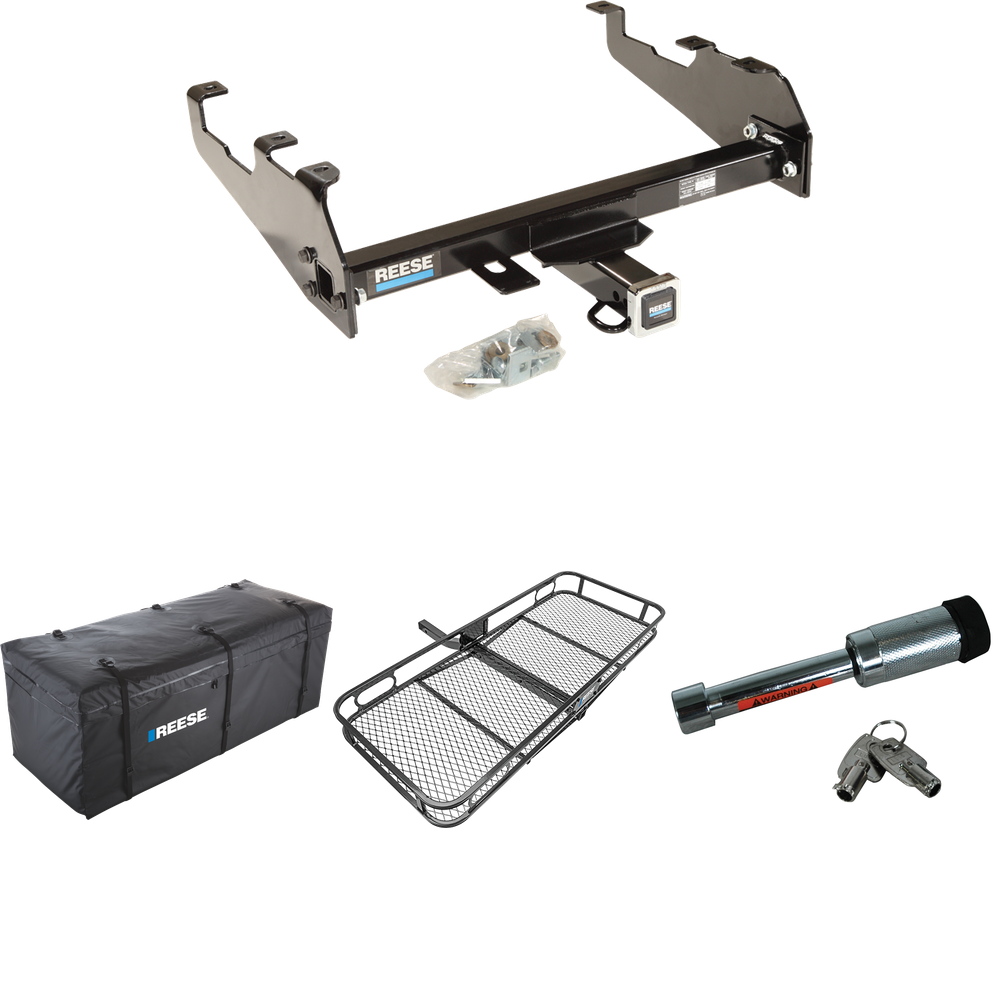 Fits 1980-1986 Ford F-250 Trailer Hitch Tow PKG w/ 60" x 24" Cargo Carrier + Cargo Bag + Hitch Lock (For w/Deep Drop Bumper, Except w/Custom Fascia Models) By Reese Towpower