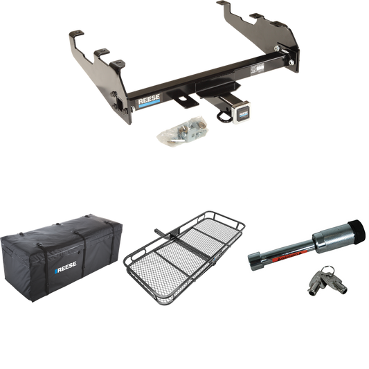 Fits 1980-1986 Ford F-250 Trailer Hitch Tow PKG w/ 60" x 24" Cargo Carrier + Cargo Bag + Hitch Lock (For w/Deep Drop Bumper, Except w/Custom Fascia Models) By Reese Towpower