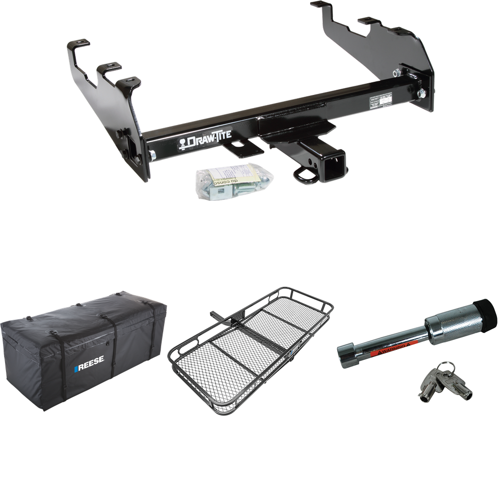 Fits 1963-1986 Chevrolet K10 Trailer Hitch Tow PKG w/ 60" x 24" Cargo Carrier + Cargo Bag + Hitch Lock (For w/Deep Drop Bumper Models) By Draw-Tite