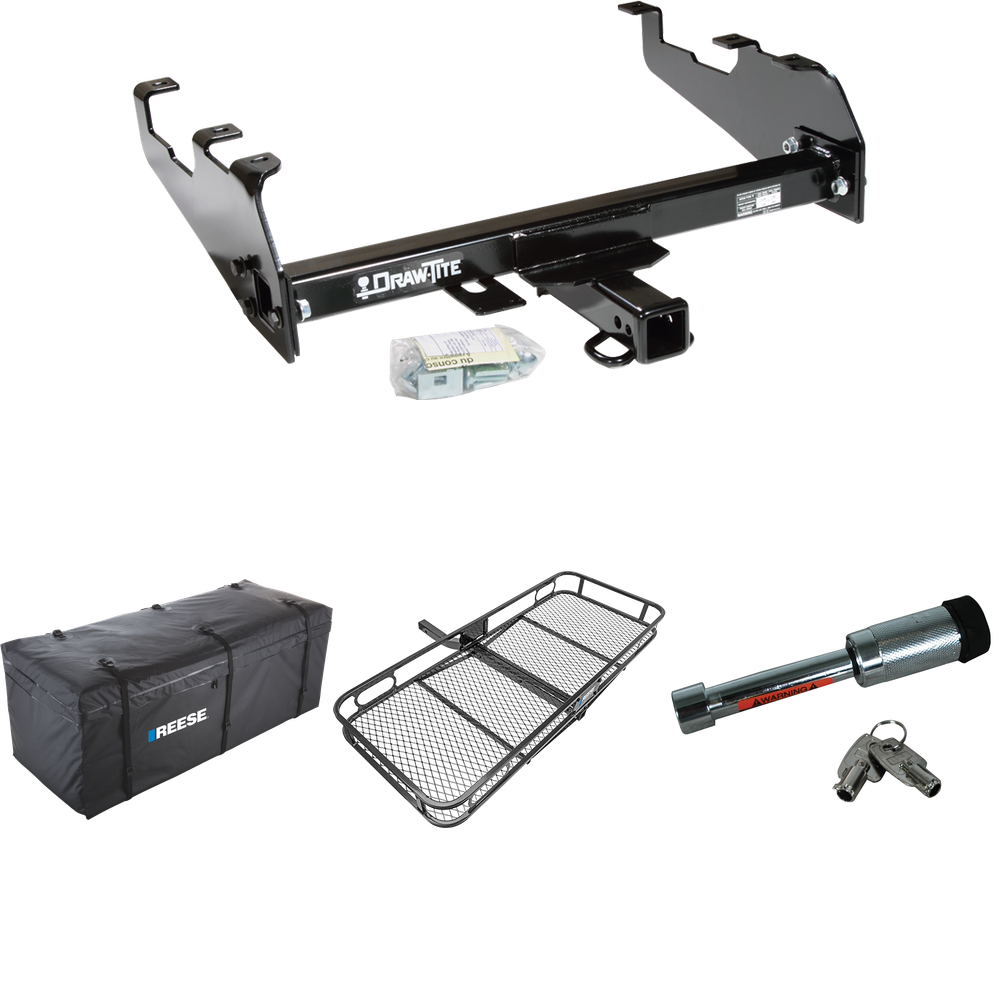 Fits 1967-1978 GMC C15 Trailer Hitch Tow PKG w/ 60" x 24" Cargo Carrier + Cargo Bag + Hitch Lock (For w/Deep Drop Bumper Models) By Draw-Tite