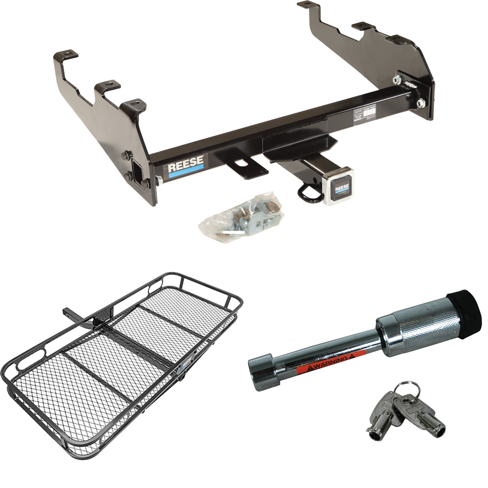 Fits 1988-1991 GMC C2500 Trailer Hitch Tow PKG w/ 60" x 24" Cargo Carrier + Hitch Lock (For Crew Cab, w/Deep Drop Bumper Models) By Reese Towpower