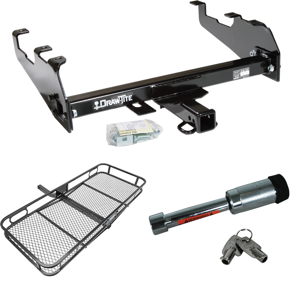 Fits 1978-1986 Ford Bronco Trailer Hitch Tow PKG w/ 60" x 24" Cargo Carrier + Hitch Lock (For w/Deep Drop Bumper Models) By Draw-Tite