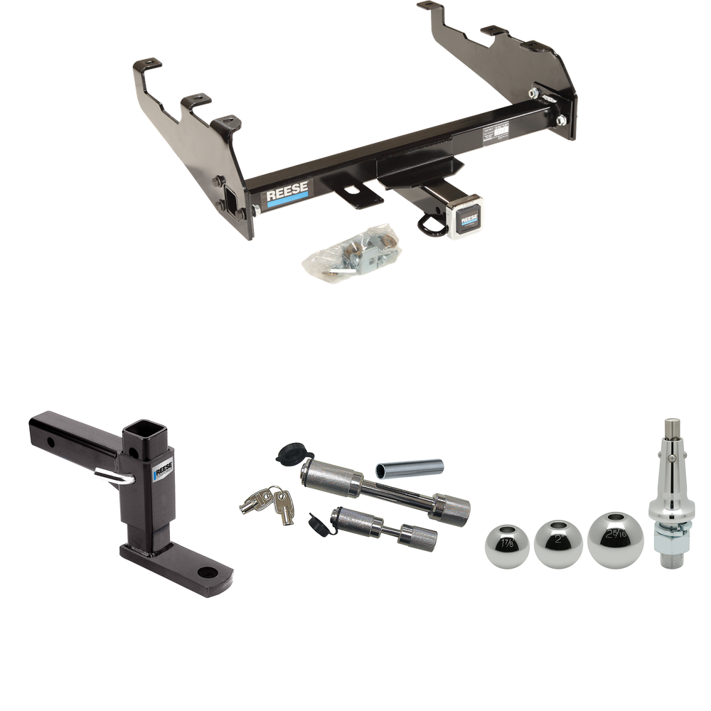 Fits 1999-2000 Ford F-350 Super Duty Trailer Hitch Tow PKG w/ Adjustable Drop Rise Ball Mount + Dual Hitch & Copler Locks + Inerchangeable 1-7/8" & 2" & 2-5/16" Balls (For Cab & Chassis, w/34" Wide Frames & w/Deep Drop Bumper Models) By Reese Towpowe