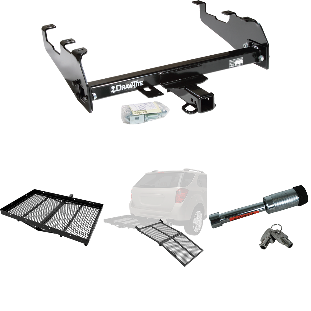 Fits 1988-1991 Chevrolet K2500 Trailer Hitch Tow PKG w/ Cargo Carrier + Bi-Fold Ramp + Hitch Lock (For Crew Cab, w/Deep Drop Bumper Models) By Draw-Tite