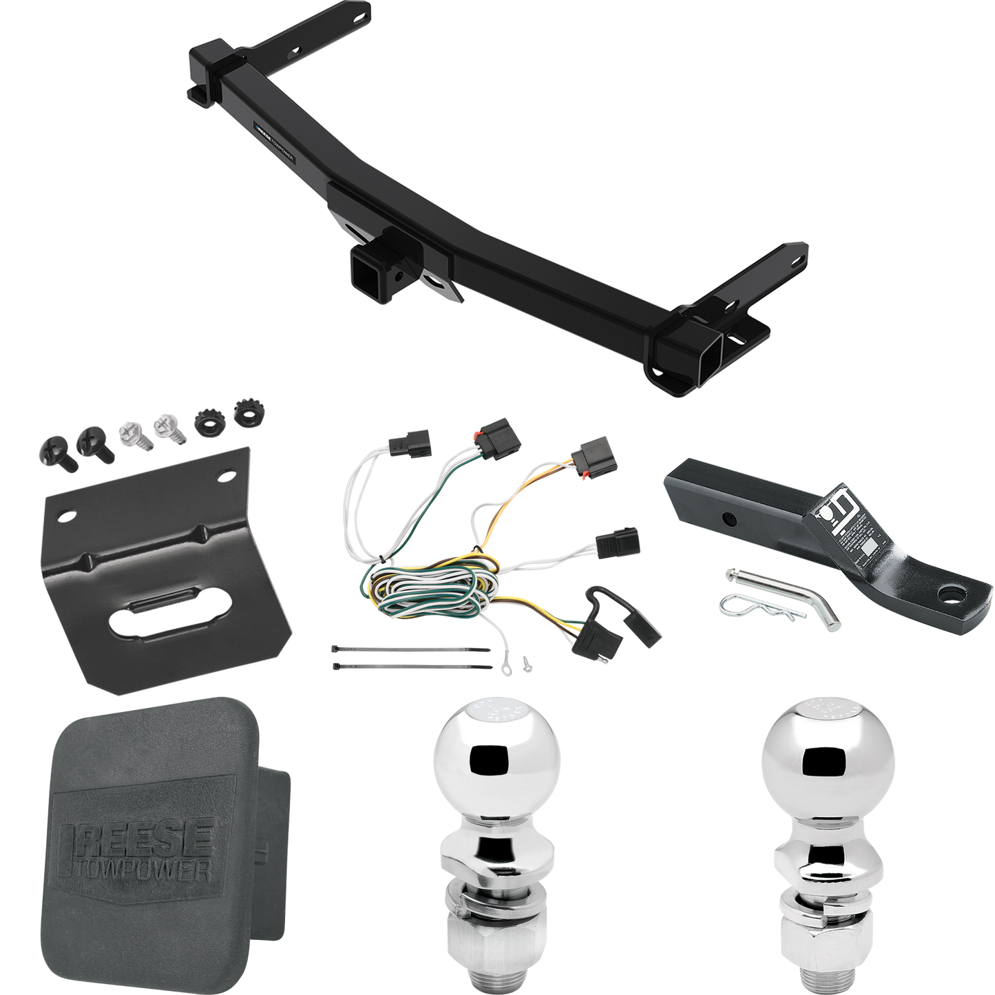 Fits 2011-2013 Jeep Grand Cherokee Trailer Hitch Tow PKG w/ 4-Flat Wiring + Ball Mount w/ 2" Drop + 2" Ball + 2-5/16" Ball + Wiring Bracket + Hitch Cover (For w/Removable OEM Fascia Panel Only Models) By Reese Towpower