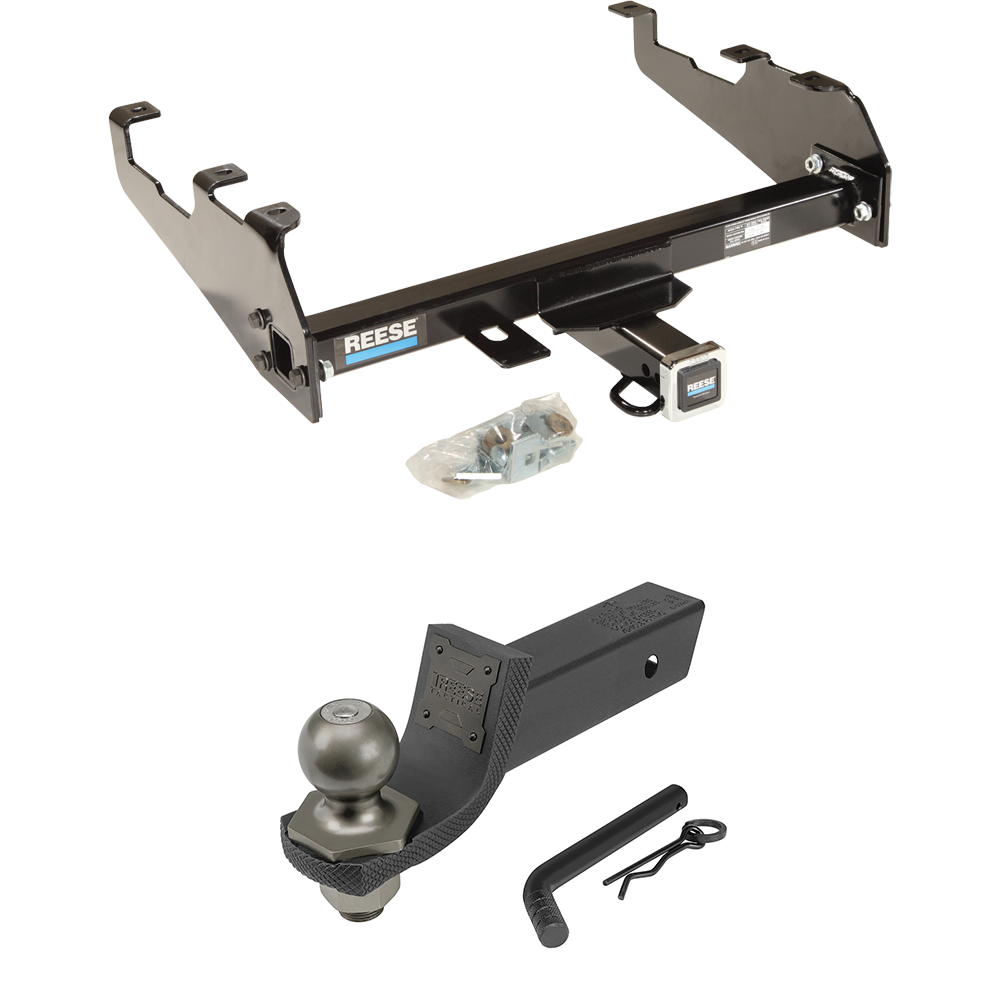 Fits 1999-2000 Ford F-350 Super Duty Trailer Hitch Tow PKG + Interlock Tactical Starter Kit w/ 2" Drop & 2" Ball (For Cab & Chassis, w/34" Wide Frames & w/Deep Drop Bumper Models) By Reese Towpower