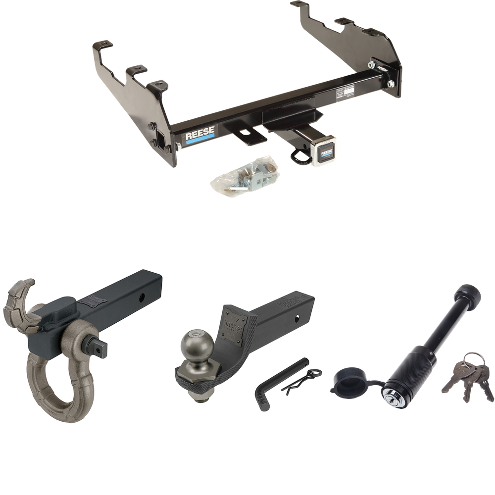 Fits 1988-1991 Chevrolet K3500 Trailer Hitch Tow PKG + Interlock Tactical Starter Kit w/ 2" Drop & 2" Ball + Tactical Hook & Shackle Mount + Tactical Dogbone Lock (For Crew Cab, w/Deep Drop Bumper Models) By Reese Towpower