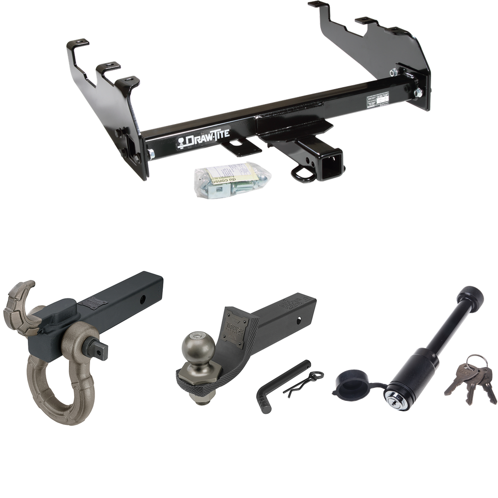 Fits 1980-1986 Ford F-150 Trailer Hitch Tow PKG + Interlock Tactical Starter Kit w/ 2" Drop & 2" Ball + Tactical Hook & Shackle Mount + Tactical Dogbone Lock (For w/Deep Drop Bumper, Except w/Custom Fascia Models) By Draw-Tite