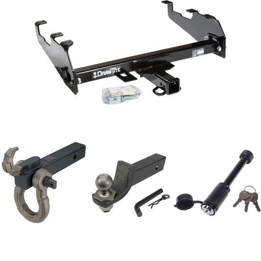 Fits 1980-1986 Ford F-150 Trailer Hitch Tow PKG + Interlock Tactical Starter Kit w/ 2" Drop & 2" Ball + Tactical Hook & Shackle Mount + Tactical Dogbone Lock (For w/Deep Drop Bumper, Except w/Custom Fascia Models) By Draw-Tite