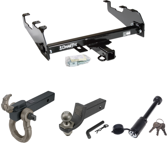 Fits 1999-2000 Ford F-350 Super Duty Trailer Hitch Tow PKG + Interlock Tactical Starter Kit w/ 2" Drop & 2" Ball + Tactical Hook & Shackle Mount + Tactical Dogbone Lock (For Cab & Chassis, w/34" Wide Frames & w/Deep Drop Bumper Models) By Draw-Tite