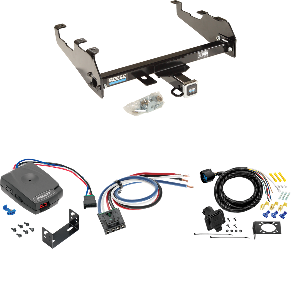 Fits 1975-1993 Ford F-150 Trailer Hitch Tow PKG w/ Pro Series Pilot Brake Control + Generic BC Wiring Adapter + 7-Way RV Wiring (For w/Deep Drop Bumper Models) By Reese Towpower