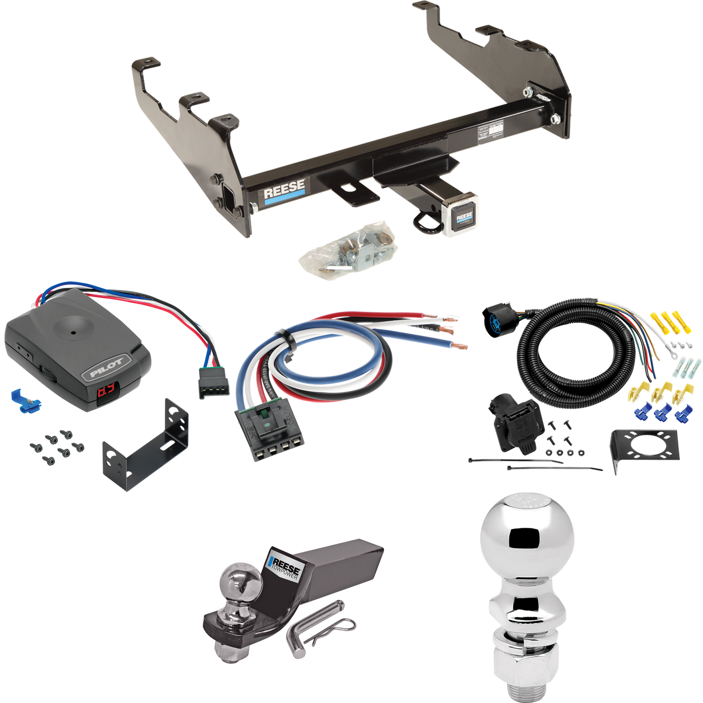 Fits 1980-1986 Ford F-150 Trailer Hitch Tow PKG w/ Pro Series Pilot Brake Control + Generic BC Wiring Adapter + 7-Way RV Wiring + 2" & 2-5/16" Ball & Drop Mount (For w/Deep Drop Bumper, Except w/Custom Fascia Models) By Reese Towpower