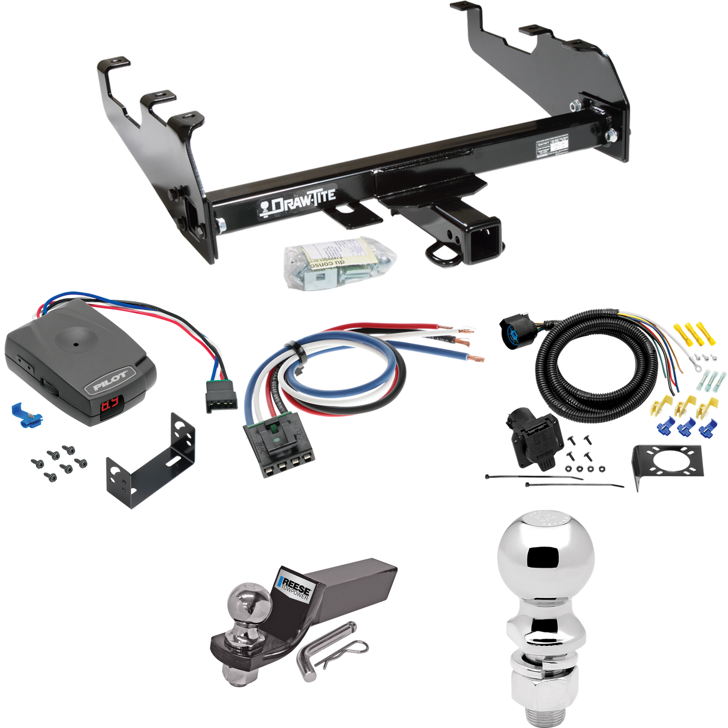 Fits 1963-1993 Ford F-250 Trailer Hitch Tow PKG w/ Pro Series Pilot Brake Control + Generic BC Wiring Adapter + 7-Way RV Wiring + 2" & 2-5/16" Ball & Drop Mount (For w/Deep Drop Bumper Models) By Draw-Tite