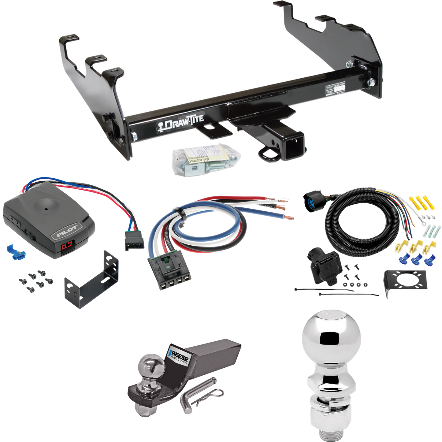 Fits 1980-1986 Ford F-250 Trailer Hitch Tow PKG w/ Pro Series Pilot Brake Control + Generic BC Wiring Adapter + 7-Way RV Wiring + 2" & 2-5/16" Ball & Drop Mount (For w/Deep Drop Bumper, Except w/Custom Fascia Models) By Draw-Tite