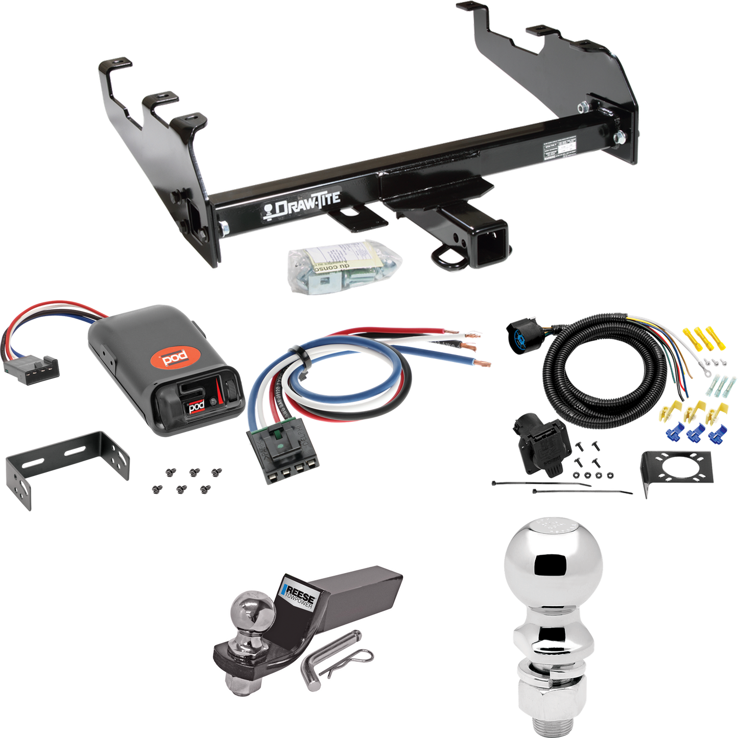 Fits 1967-1978 GMC C35 Trailer Hitch Tow PKG w/ Pro Series POD Brake Control + Generic BC Wiring Adapter + 7-Way RV Wiring + 2" & 2-5/16" Ball & Drop Mount (For w/Deep Drop Bumper Models) By Draw-Tite