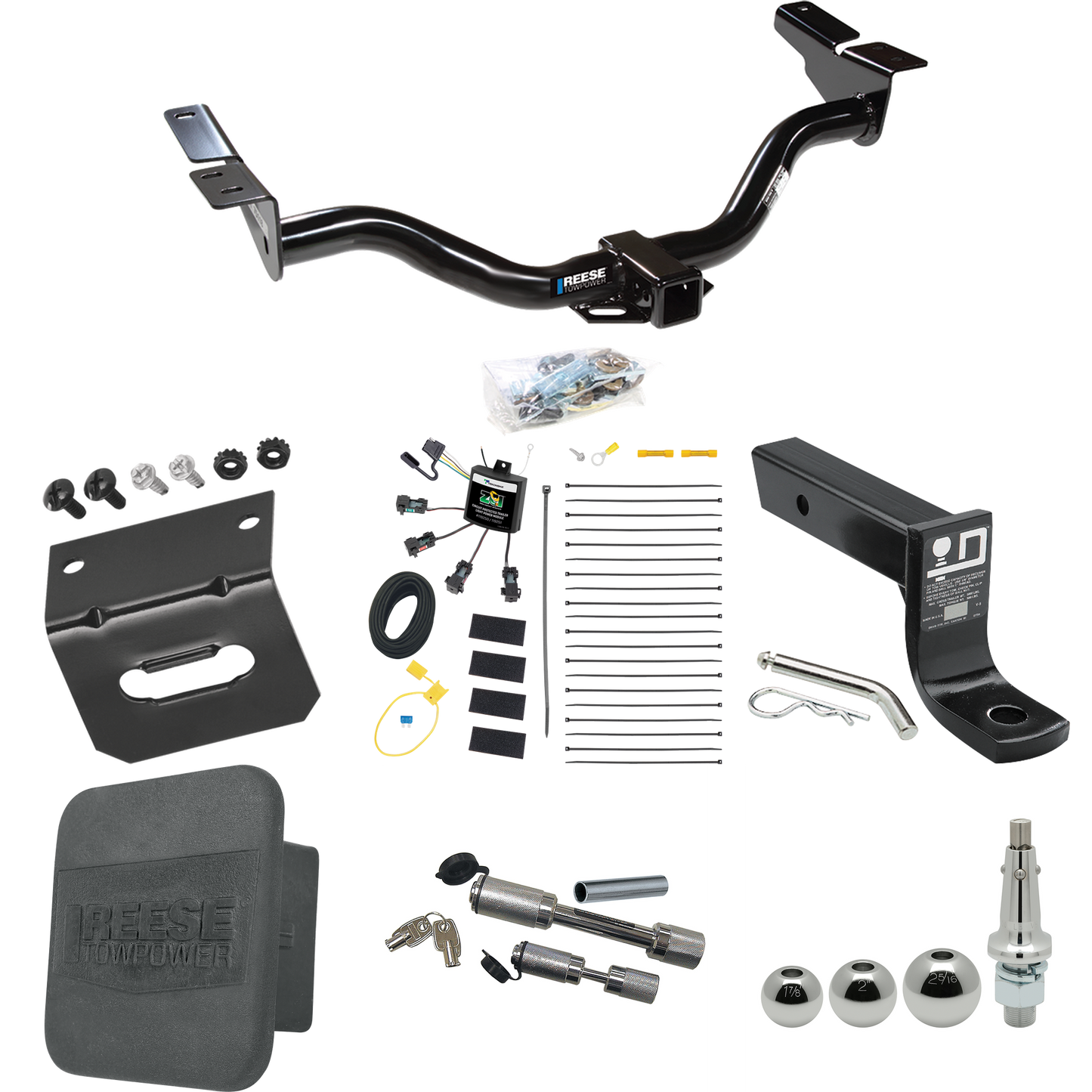 Fits 2004-2004 Mazda Tribute Trailer Hitch Tow PKG w/ 4-Flat Zero Contact "No Splice" Wiring + Ball Mount w/ 4" Drop + Interchangeable Ball 1-7/8" & 2" & 2-5/16" + Wiring Bracket + Dual Hitch & Coupler Locks + Hitch Cover By Reese Towpower