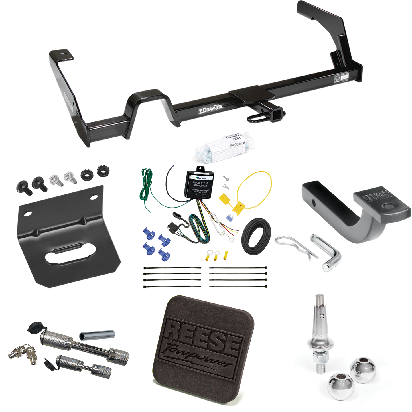 Fits 2000-2004 Subaru Legacy Trailer Hitch Tow PKG w/ 4-Flat Wiring Harness + Draw-Bar + Interchangeable 1-7/8" & 2" Balls + Wiring Bracket + Hitch Cover + Dual Hitch & Coupler Locks (For Wagon, Except Outback Models) By Reese Towpower