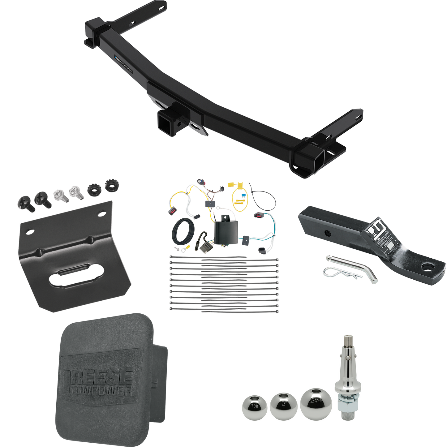 Fits 2014-2021 Jeep Grand Cherokee Trailer Hitch Tow PKG w/ 4-Flat Wiring + Ball Mount w/ 2" Drop + Interchangeable Ball 1-7/8" & 2" & 2-5/16" + Wiring Bracket + Hitch Cover (For w/Removable OEM Fascia Panel Only Models) By Reese Towpower