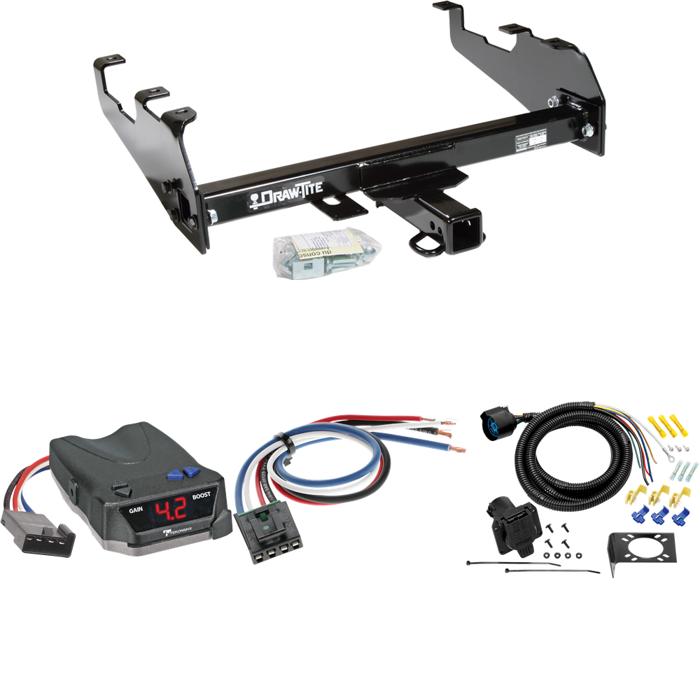 Fits 1980-1986 Ford F-150 Trailer Hitch Tow PKG w/ Tekonsha BRAKE-EVN Brake Control + Generic BC Wiring Adapter + 7-Way RV Wiring (For w/Deep Drop Bumper, Except w/Custom Fascia Models) By Draw-Tite