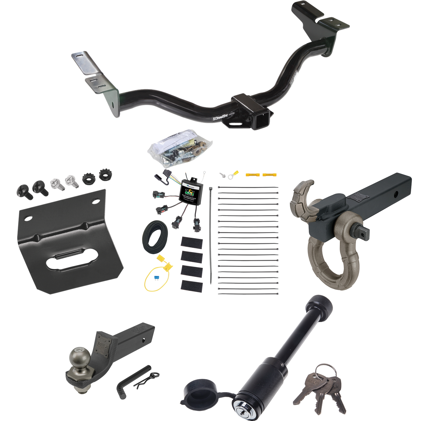 Fits 2004-2004 Ford Escape Trailer Hitch Tow PKG w/ 4-Flat Zero Contact "No Splice" Wiring + Interlock Tactical Starter Kit w/ 2" Drop & 2" Ball + Tactical Hook & Shackle Mount + Tactical Dogbone Lock + Wiring Bracket By Draw-Tite