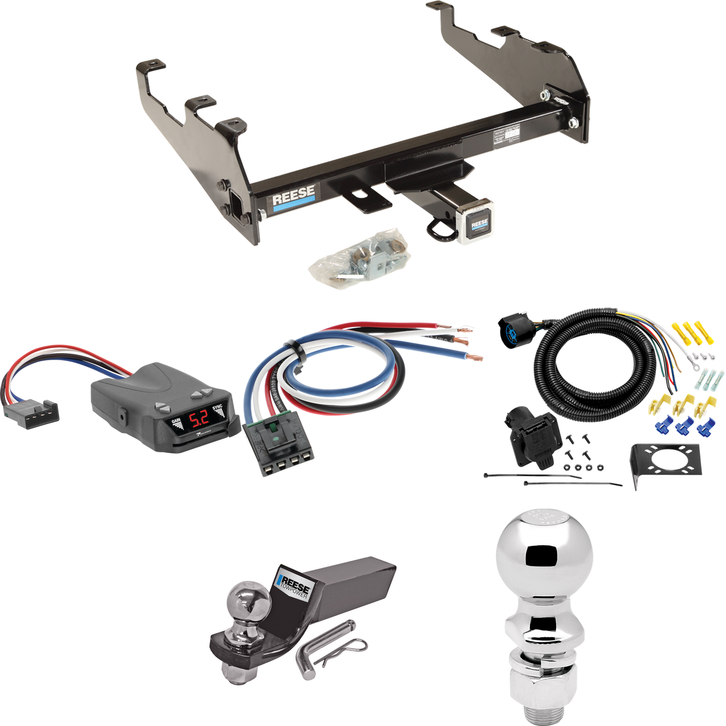 Fits 1967-1978 GMC K15 Trailer Hitch Tow PKG w/ Tekonsha Brakeman IV Brake Control + Generic BC Wiring Adapter + 7-Way RV Wiring + 2" & 2-5/16" Ball & Drop Mount (For w/Deep Drop Bumper Models) By Reese Towpower