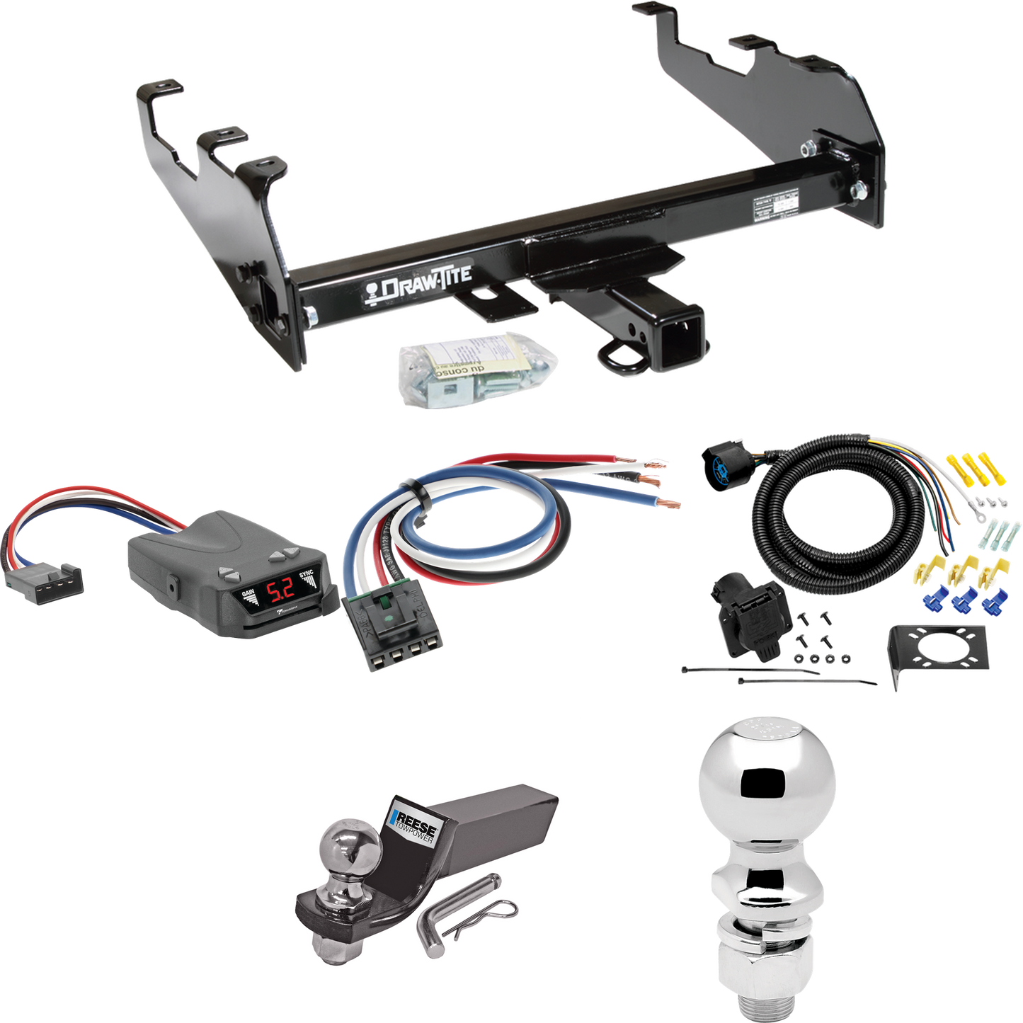 Fits 1963-1986 Chevrolet K20 Trailer Hitch Tow PKG w/ Tekonsha Brakeman IV Brake Control + Generic BC Wiring Adapter + 7-Way RV Wiring + 2" & 2-5/16" Ball & Drop Mount (For w/Deep Drop Bumper Models) By Draw-Tite