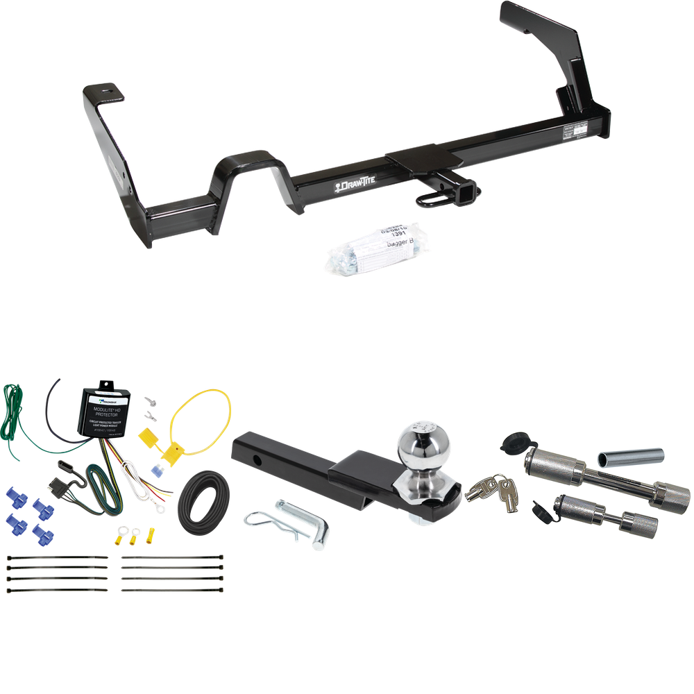 Fits 2000-2004 Subaru Legacy Trailer Hitch Tow PKG w/ 4-Flat Wiring Harness + Interlock Starter Kit w/ 2" Ball 1-1/4" Drop 3/4" Rise + Dual Hitch & Coupler Locks (For Wagon, Except Outback Models) By Draw-Tite