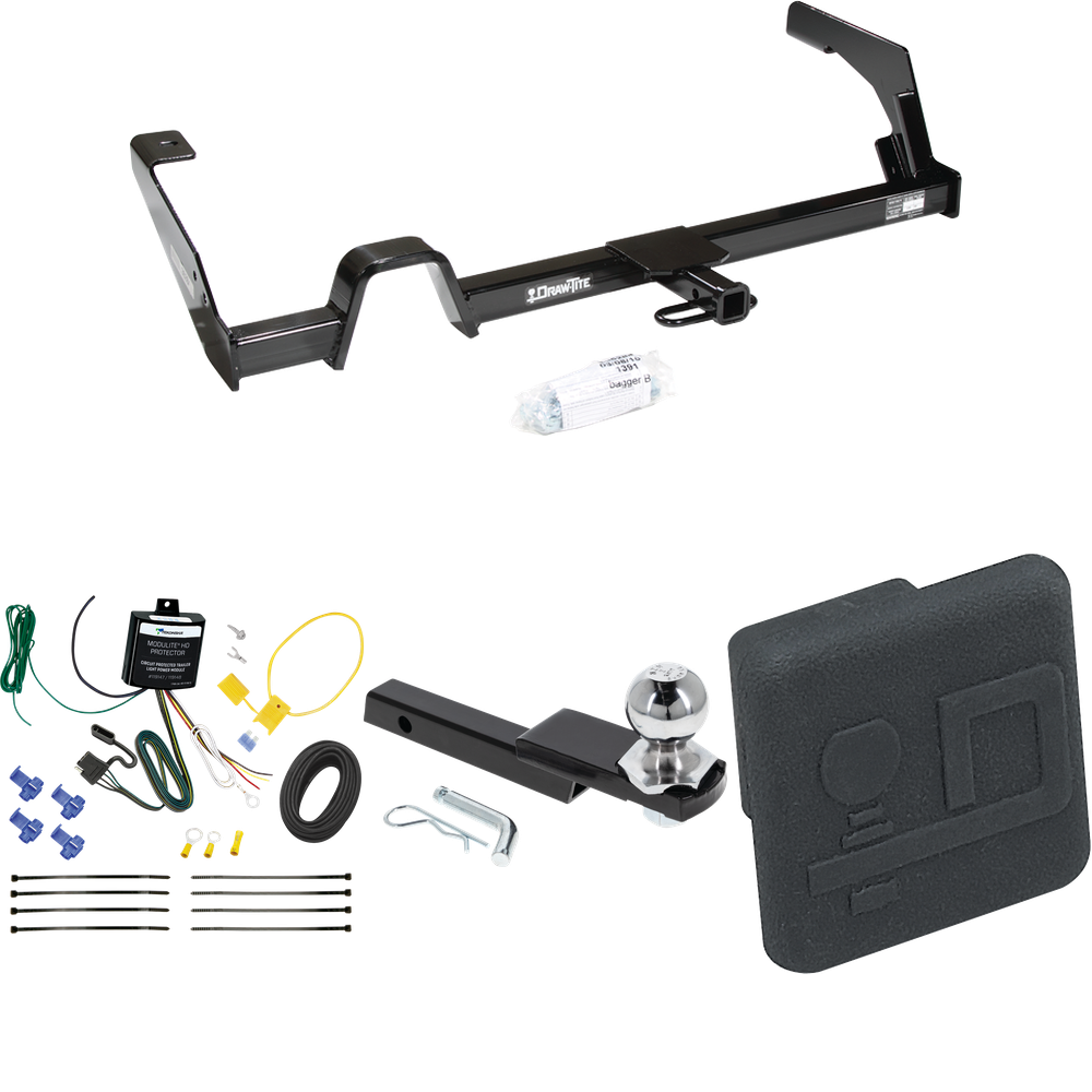 Fits 2000-2004 Subaru Legacy Trailer Hitch Tow PKG w/ 4-Flat Wiring Harness + Interlock Starter Kit w/ 2" Ball 1-1/4" Drop 3/4" Rise + Hitch Cover (For Wagon, Except Outback Models) By Draw-Tite