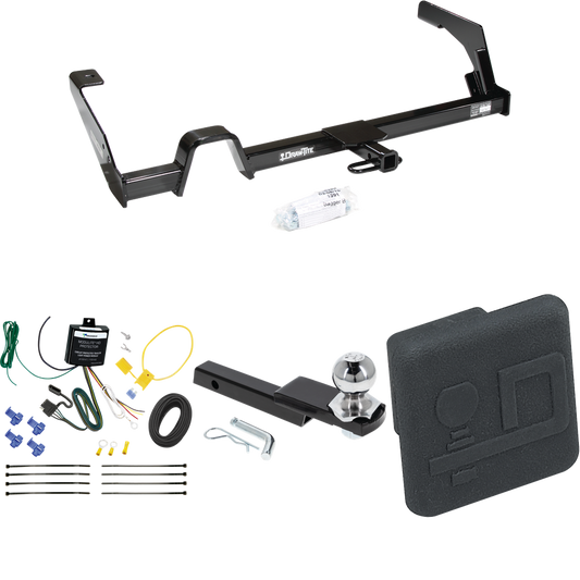 Fits 2000-2004 Subaru Legacy Trailer Hitch Tow PKG w/ 4-Flat Wiring Harness + Interlock Starter Kit w/ 2" Ball 1-1/4" Drop 3/4" Rise + Hitch Cover (For Wagon, Except Outback Models) By Draw-Tite