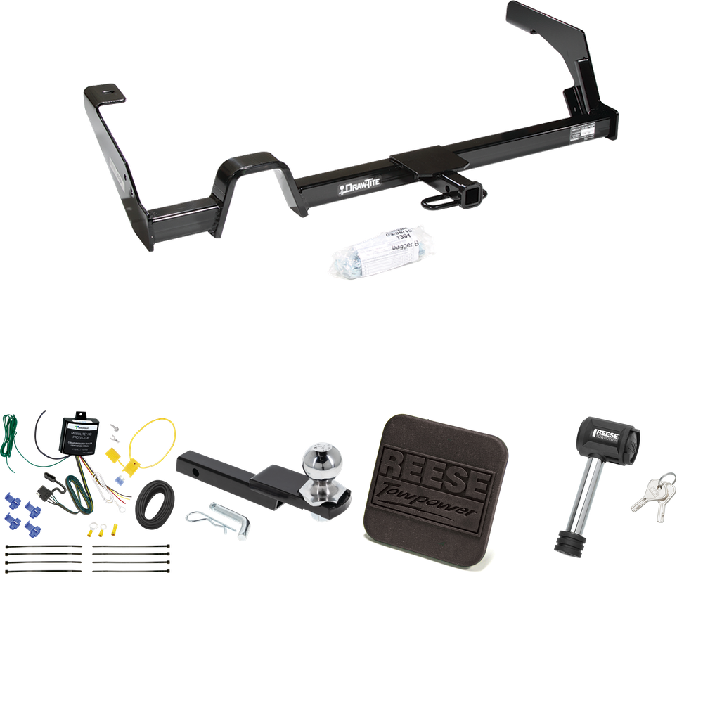 Fits 2000-2004 Subaru Legacy Trailer Hitch Tow PKG w/ 4-Flat Wiring Harness + Interlock Starter Kit w/ 2" Ball 1-1/4" Drop 3/4" Rise + Hitch Cover + Hitch Lock (For Sedan, Except Outback Models) By Reese Towpower