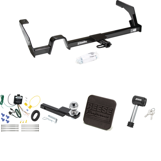 Fits 2000-2004 Subaru Legacy Trailer Hitch Tow PKG w/ 4-Flat Wiring Harness + Interlock Starter Kit w/ 2" Ball 1-1/4" Drop 3/4" Rise + Hitch Cover + Hitch Lock (For Sedan, Except Outback Models) By Reese Towpower