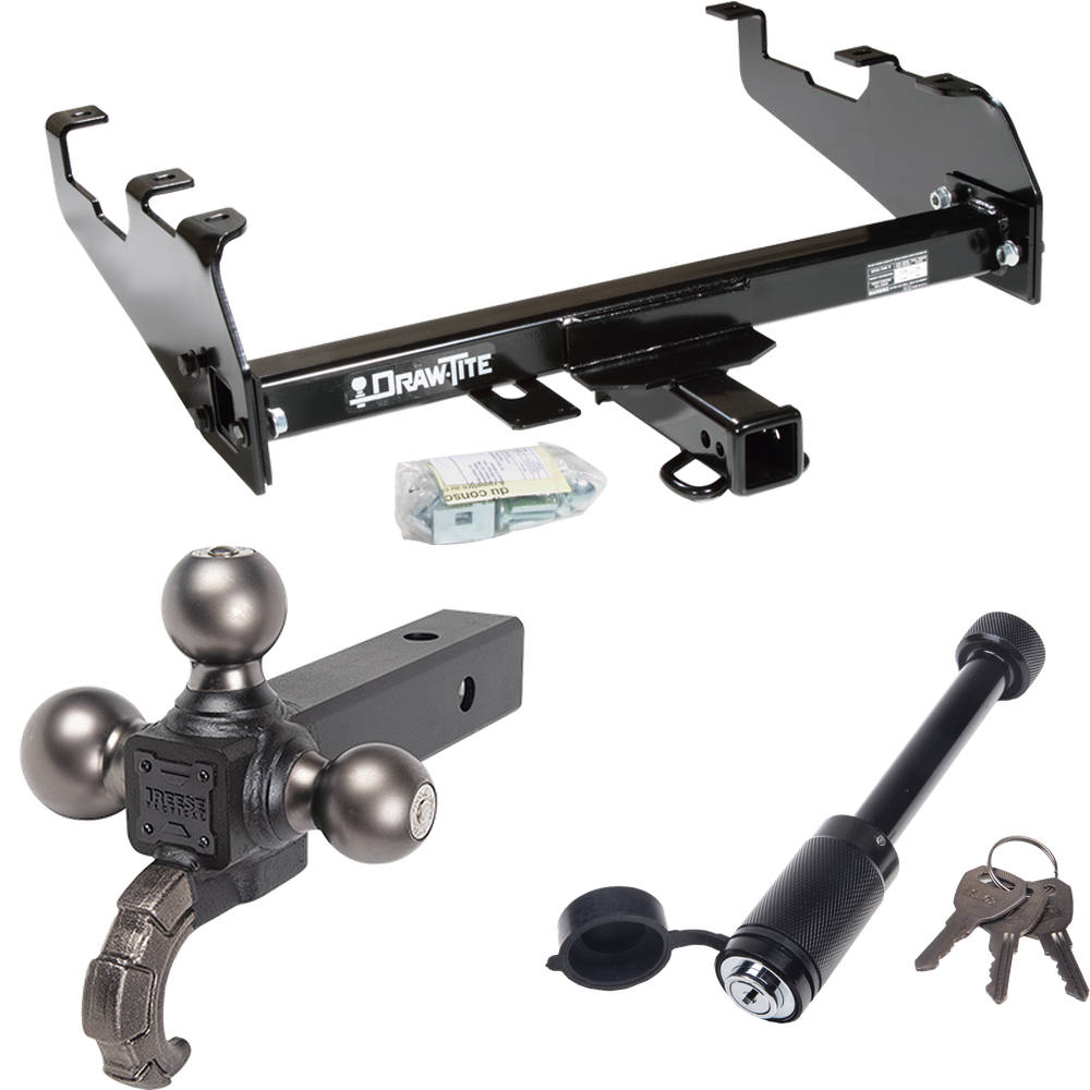Fits 1967-1977 Dodge W100 Trailer Hitch Tow PKG + Triple Ball Tactical Ball Mount 1-7/8" & 2" & 2-5/16" Balls w/ Tow Hook + Tactical Dogbone Lock (For w/Deep Drop Bumper Models) By Draw-Tite