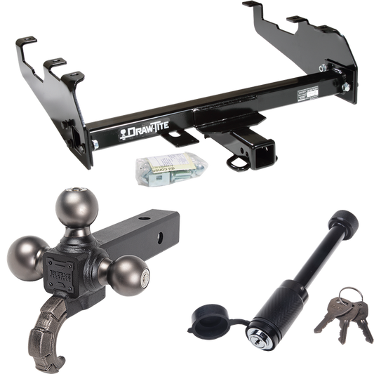 Fits 1967-1980 Dodge W300 Trailer Hitch Tow PKG + Triple Ball Tactical Ball Mount 1-7/8" & 2" & 2-5/16" Balls w/ Tow Hook + Tactical Dogbone Lock (For w/Deep Drop Bumper Models) By Draw-Tite