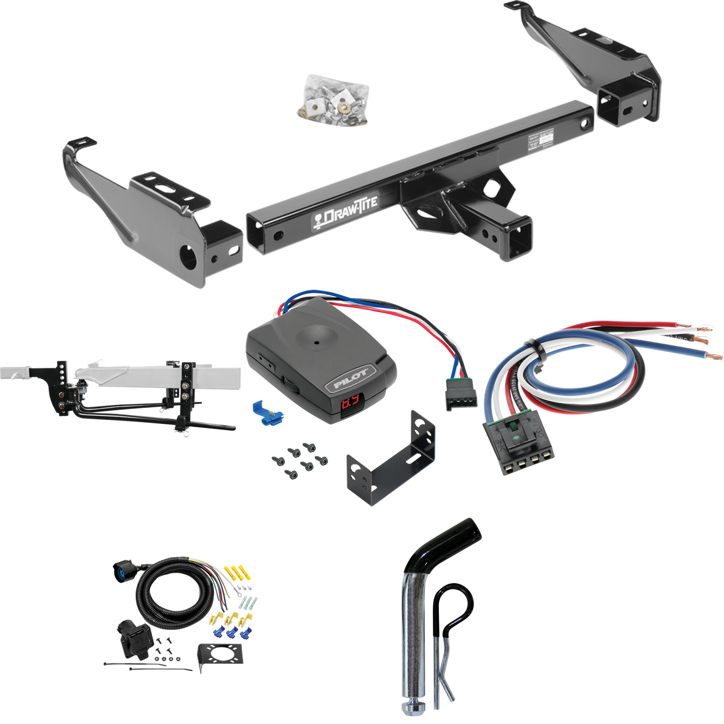 Fits 1994-1994 Dodge Ram 1500 Trailer Hitch Tow PKG w/ 11.5K Round Bar Weight Distribution Hitch w/ 2-5/16" Ball + Pin/Clip + Pro Series Pilot Brake Control + Generic BC Wiring Adapter + 7-Way RV Wiring By Draw-Tite