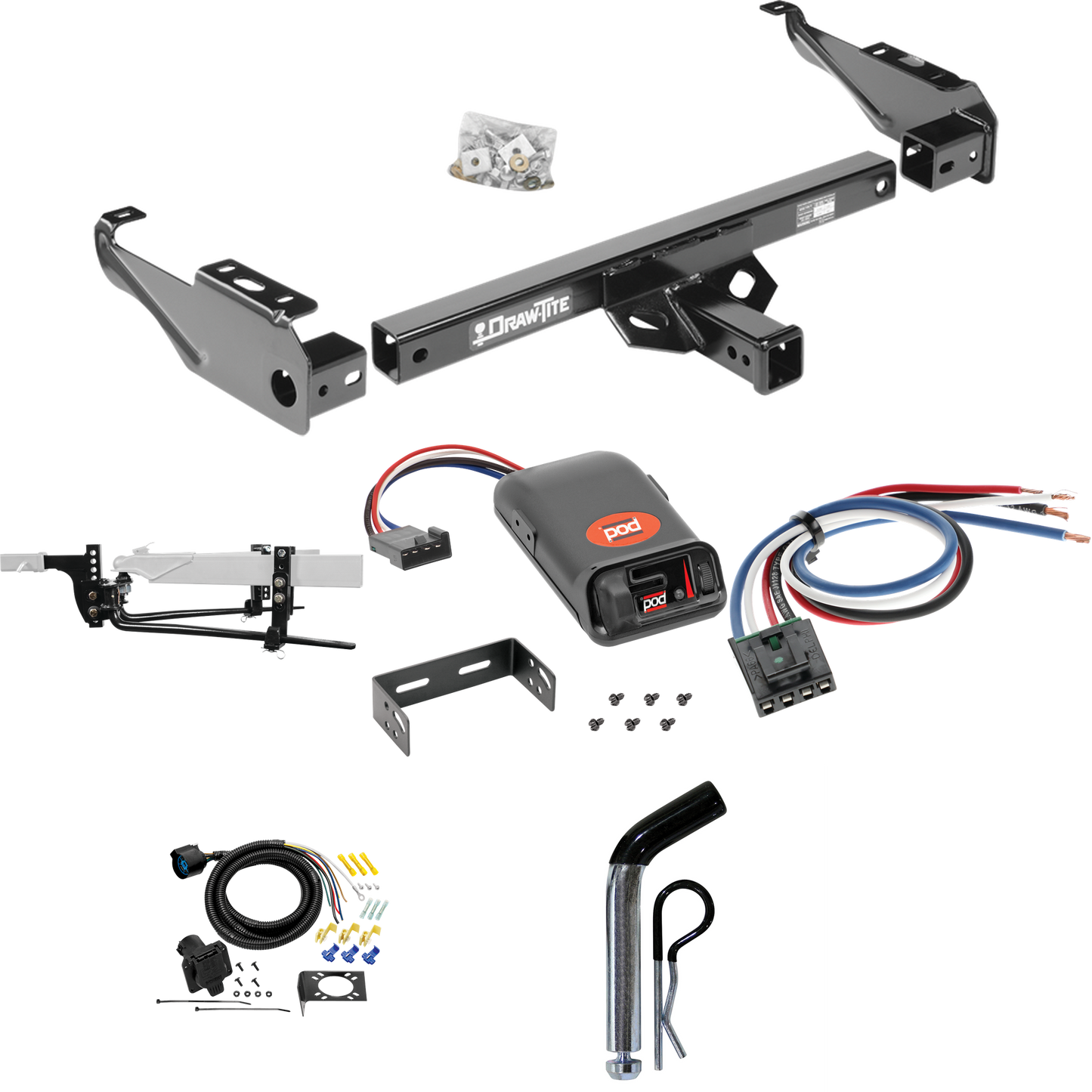 Fits 1963-1986 Chevrolet C20 Trailer Hitch Tow PKG w/ 11.5K Round Bar Weight Distribution Hitch w/ 2-5/16" Ball + Pin/Clip + Pro Series POD Brake Control + Generic BC Wiring Adapter + 7-Way RV Wiring By Draw-Tite