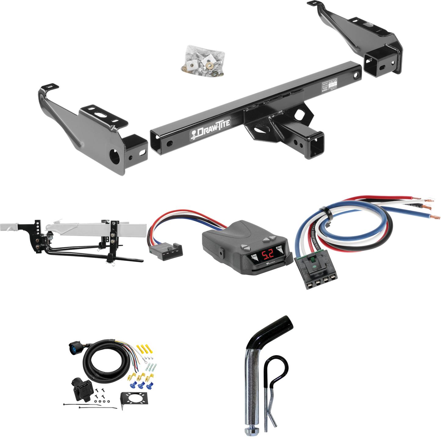 Fits 1967-1974 GMC C15/C1500 Trailer Hitch Tow PKG w/ 11.5K Round Bar Weight Distribution Hitch w/ 2-5/16" Ball + Pin/Clip + Tekonsha Brakeman IV Brake Control + Generic BC Wiring Adapter + 7-Way RV Wiring By Draw-Tite