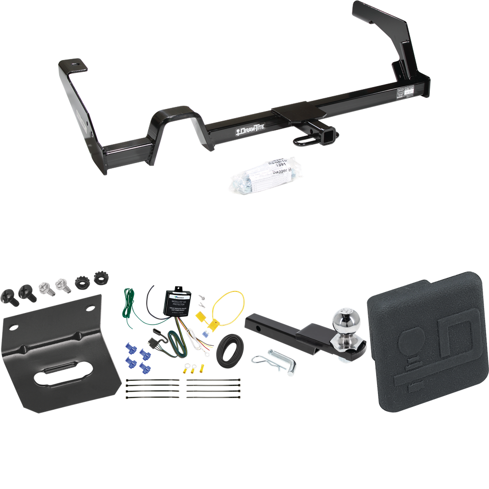 Fits 2000-2004 Subaru Outback Trailer Hitch Tow PKG w/ 4-Flat Wiring Harness + Interlock Starter Kit w/ 2" Ball 1-1/4" Drop 3/4" Rise + Wiring Bracket + Hitch Cover (For Sedan, Except Sport Models) By Draw-Tite