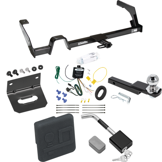 Fits 2000-2004 Subaru Legacy Trailer Hitch Tow PKG w/ 4-Flat Wiring Harness + Interlock Starter Kit w/ 2" Ball 1-1/4" Drop 3/4" Rise + Wiring Bracket + Hitch Cover + Hitch Lock (For Sedan, Except Outback Models) By Draw-Tite