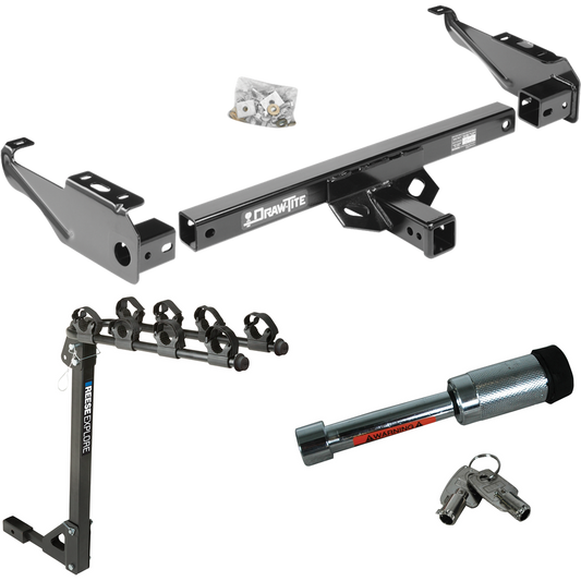 Fits 1999-2000 Ford F-350 Super Duty Trailer Hitch Tow PKG w/ 4 Bike Carrier Rack + Hitch Lock (For Cab & Chassis, w/34" Wide Frames Models) By Draw-Tite