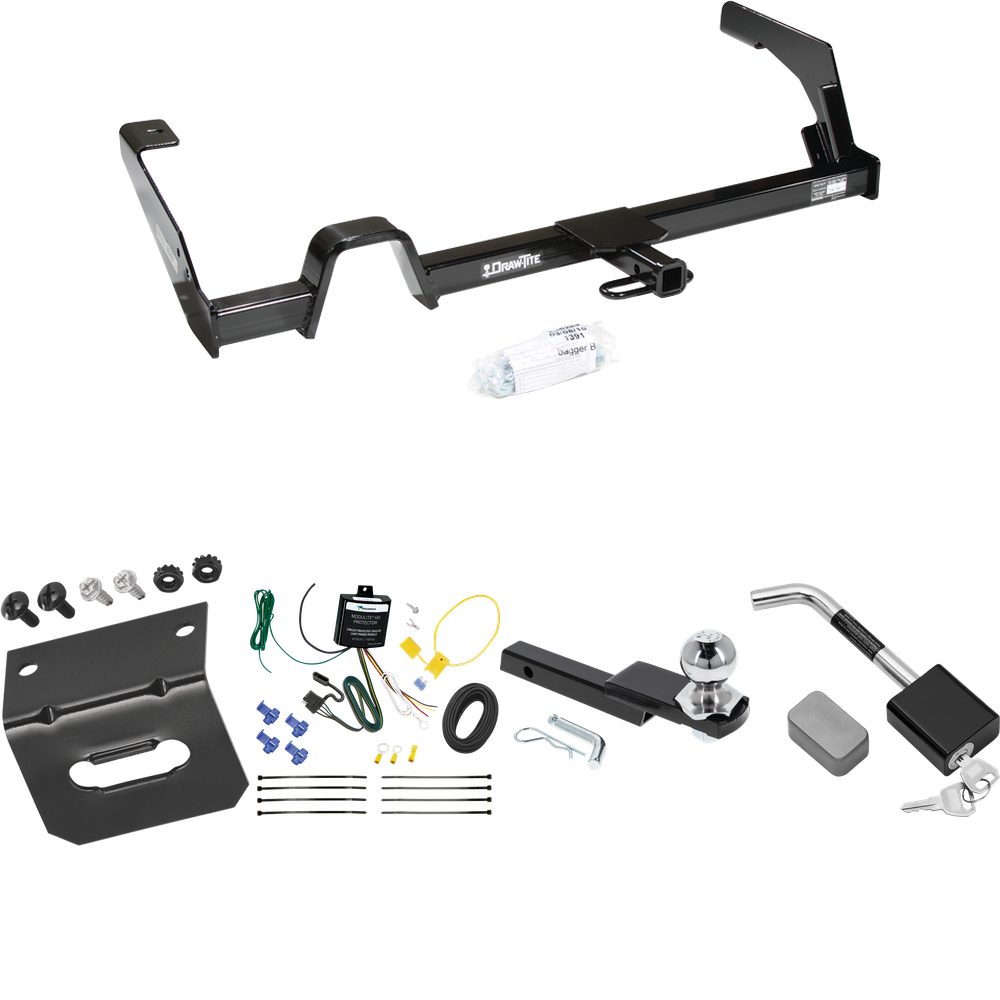 Fits 2000-2004 Subaru Legacy Trailer Hitch Tow PKG w/ 4-Flat Wiring Harness + Interlock Starter Kit w/ 2" Ball 1-1/4" Drop 3/4" Rise + Wiring Bracket + Hitch Lock (For Wagon, Except Outback Models) By Draw-Tite