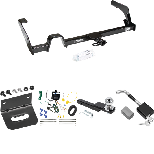 Fits 2000-2004 Subaru Legacy Trailer Hitch Tow PKG w/ 4-Flat Wiring Harness + Interlock Starter Kit w/ 2" Ball 1-1/4" Drop 3/4" Rise + Wiring Bracket + Hitch Lock (For Wagon, Except Outback Models) By Draw-Tite