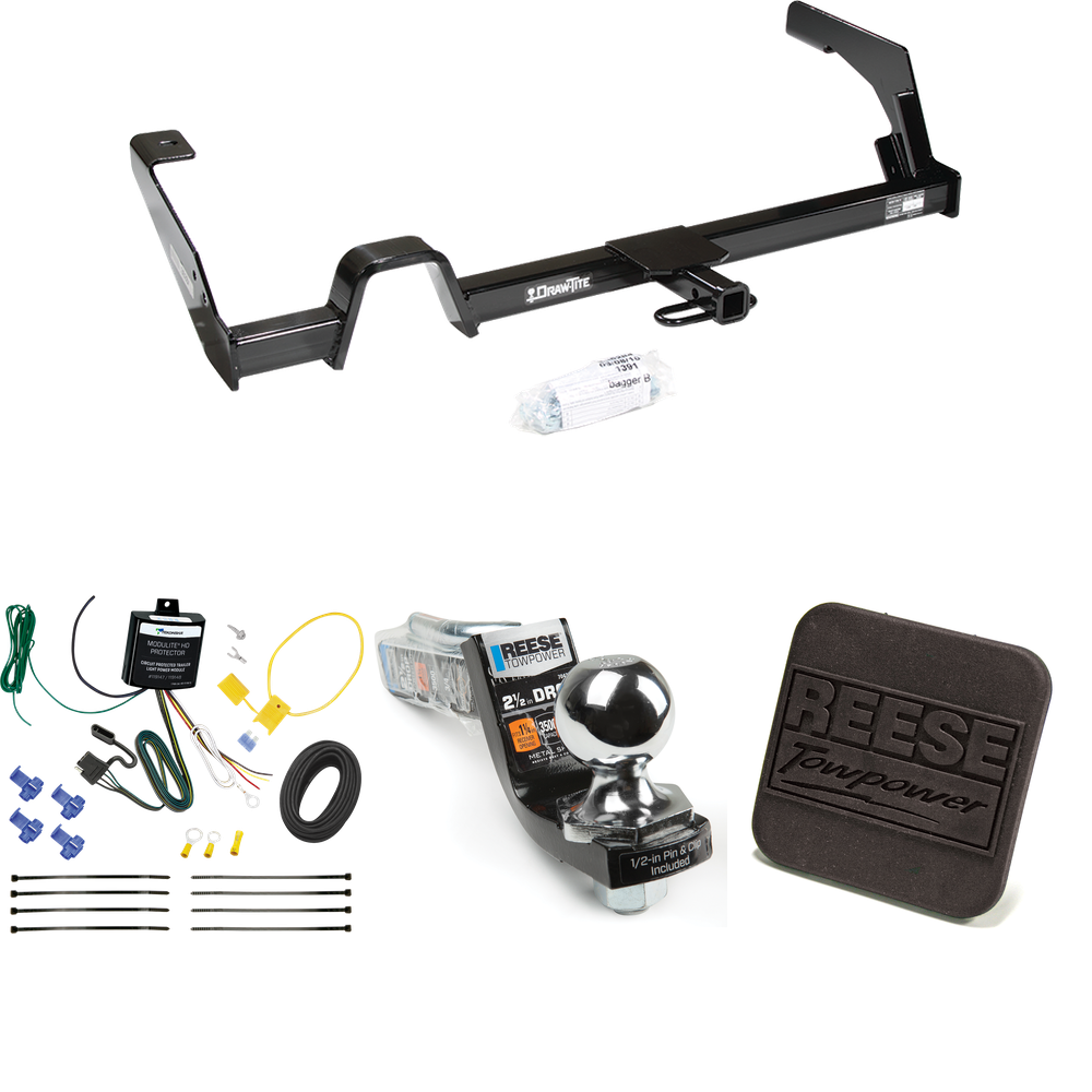 Fits 2000-2004 Subaru Legacy Trailer Hitch Tow PKG w/ 4-Flat Wiring Harness + Interlock Starter Kit w/ 2" Ball 2-1/2" Drop 2" Rise + Hitch Cover (For Wagon, Except Outback Models) By Reese Towpower