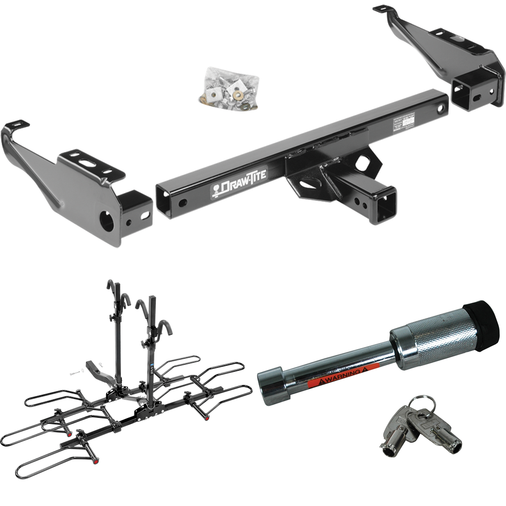 Fits 1989-1997 Ford F Super Duty Trailer Hitch Tow PKG w/ 4 Bike Plaform Style Carrier Rack + Hitch Lock (For Cab & Chassis, w/34" Wide Frames & 161" Wheelbase Models) By Draw-Tite