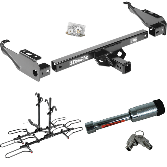 Fits 1989-1997 Ford F Super Duty Trailer Hitch Tow PKG w/ 4 Bike Plaform Style Carrier Rack + Hitch Lock (For Cab & Chassis, w/34" Wide Frames & 161" Wheelbase Models) By Draw-Tite