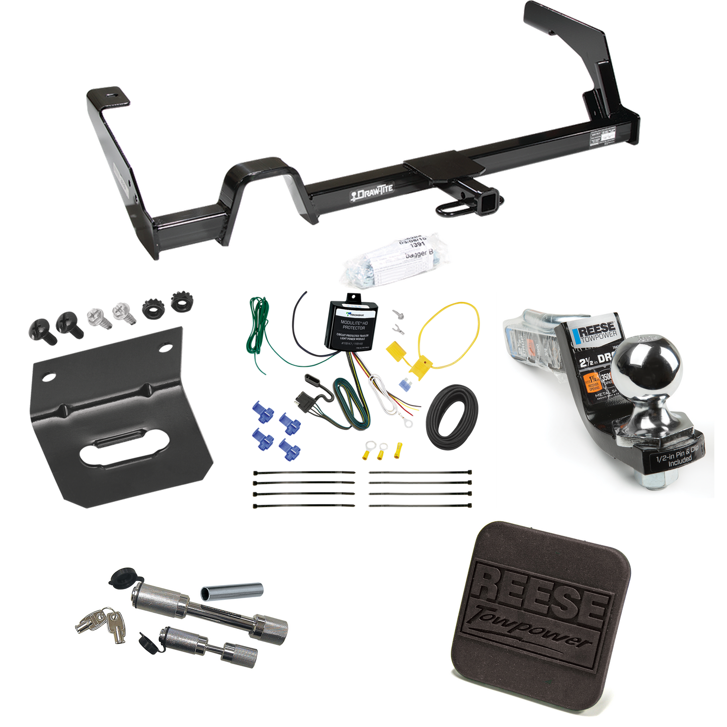 Fits 2000-2004 Subaru Legacy Trailer Hitch Tow PKG w/ 4-Flat Wiring Harness + Interlock Starter Kit w/ 2" Ball 2-1/2" Drop 2" Rise + Wiring Bracket + Hitch Cover + Dual Hitch & Coupler Locks (For Wagon, Except Outback Models) By Reese Towpower