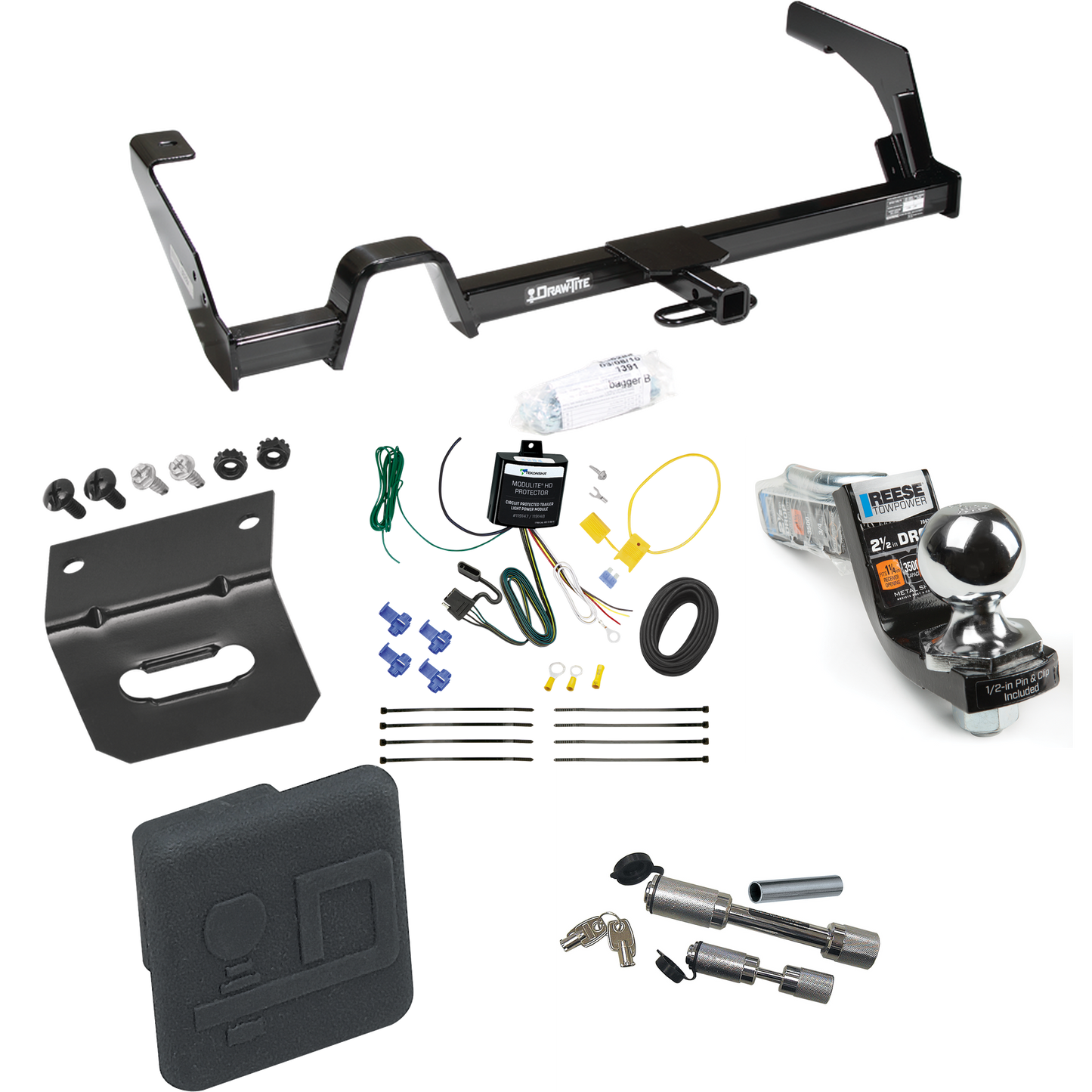 Fits 2000-2004 Subaru Legacy Trailer Hitch Tow PKG w/ 4-Flat Wiring Harness + Interlock Starter Kit w/ 2" Ball 2-1/2" Drop 2" Rise + Wiring Bracket + Hitch Cover + Dual Hitch & Coupler Locks (For Wagon, Except Outback Models) By Draw-Tite