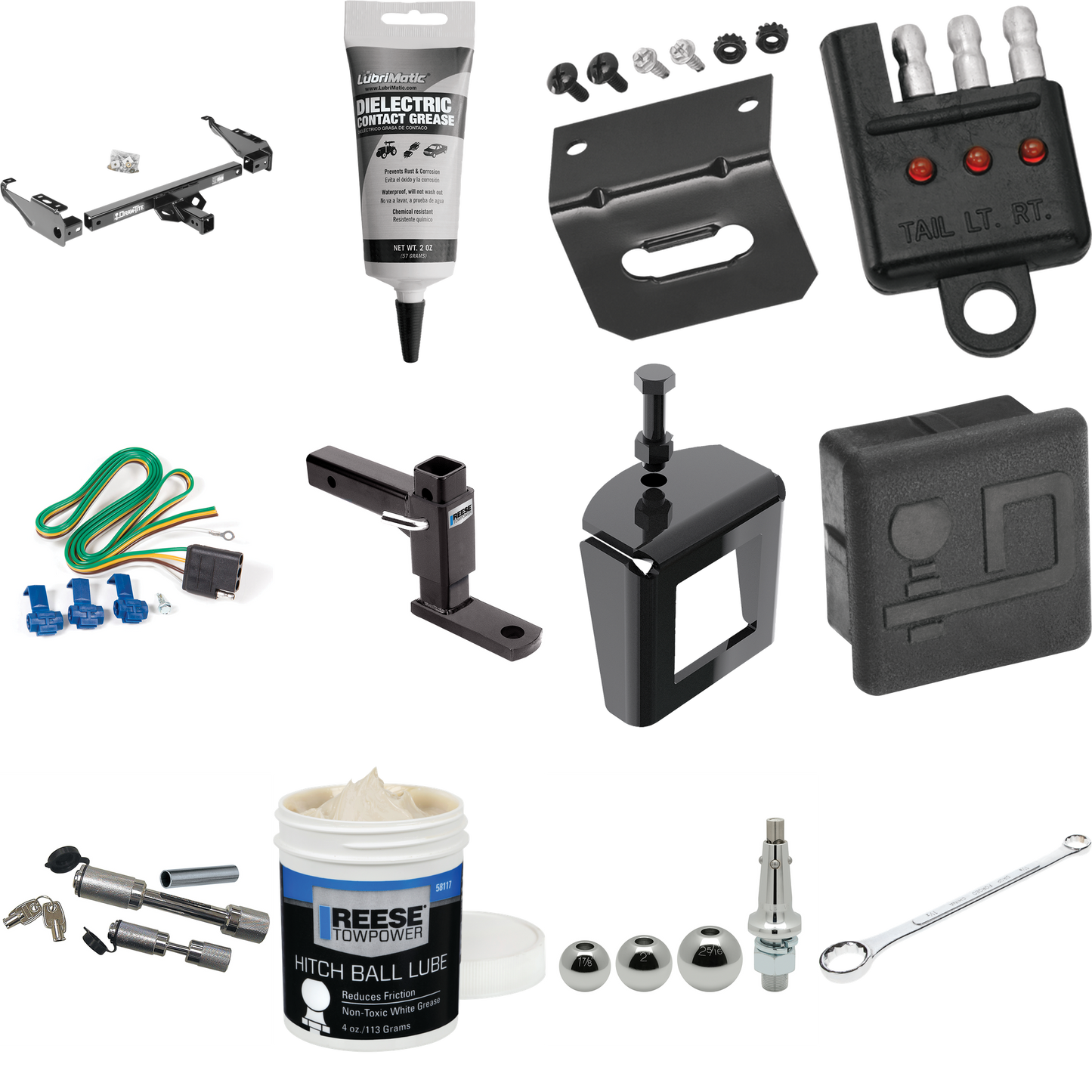 Fits 1994-1994 Dodge Ram 3500 Trailer Hitch Tow PKG w/ 4-Flat Wiring + Adjustable Drop Rise Ball Mount + Inerchangeable 1-7/8" & 2" & 2-5/16" Balls + Wiring Bracket + Hitch Cover + Dual Hitch & Coupler Locks + Wiring Tester + Ball Lube + Electric Gre