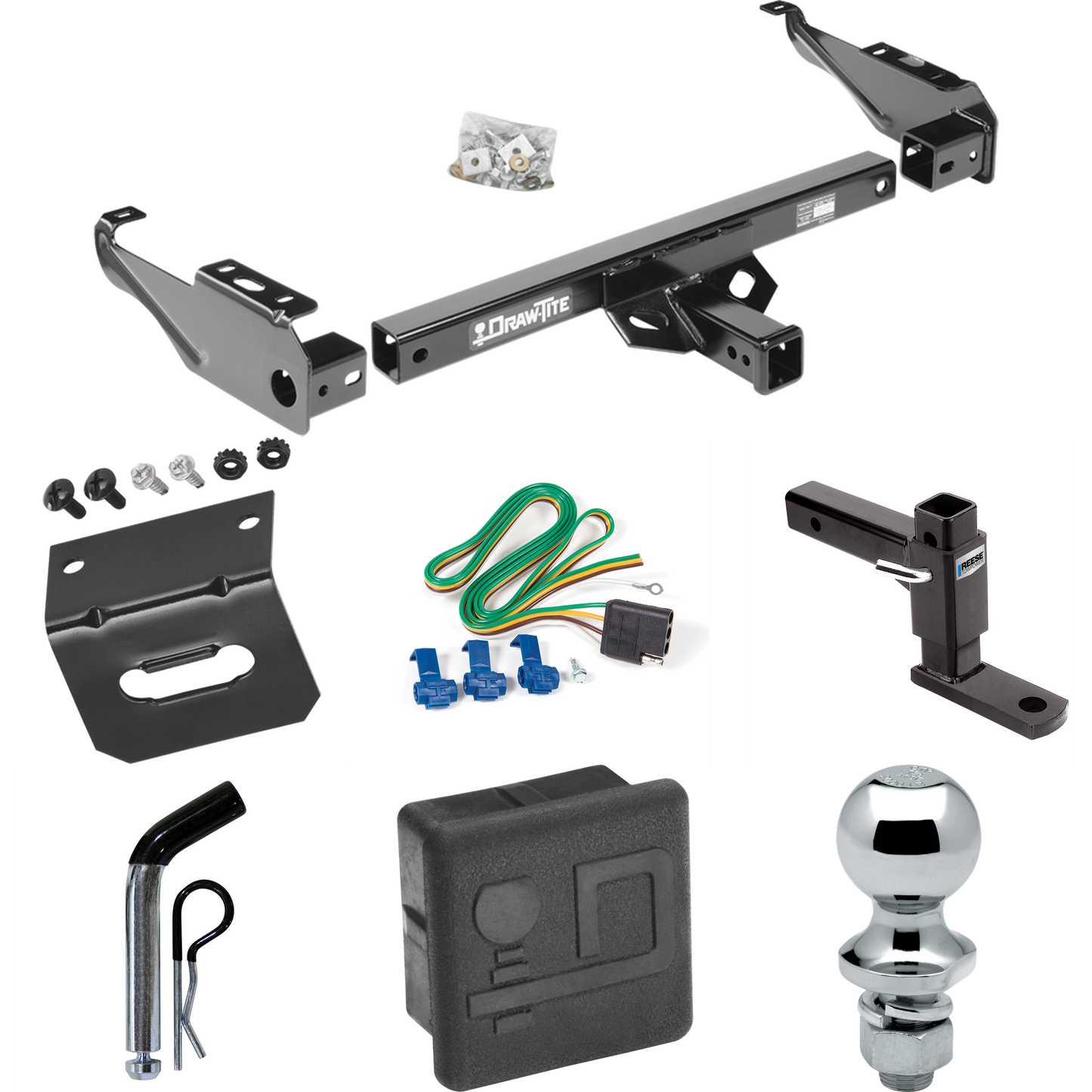 Fits 1967-1977 Dodge W100 Trailer Hitch Tow PKG w/ 4-Flat Wiring + Adjustable Drop Rise Ball Mount + Pin/Clip + 1-7/8" Ball + Wiring Bracket + Hitch Cover By Draw-Tite